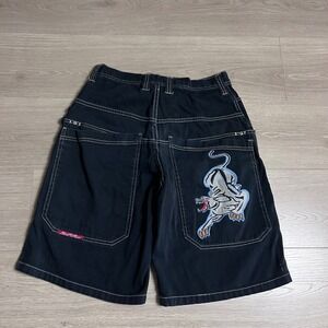 VTG IGNITION Black Denim Shorts Jorts Panther Baggy Embroidered Skater W28 Y2K